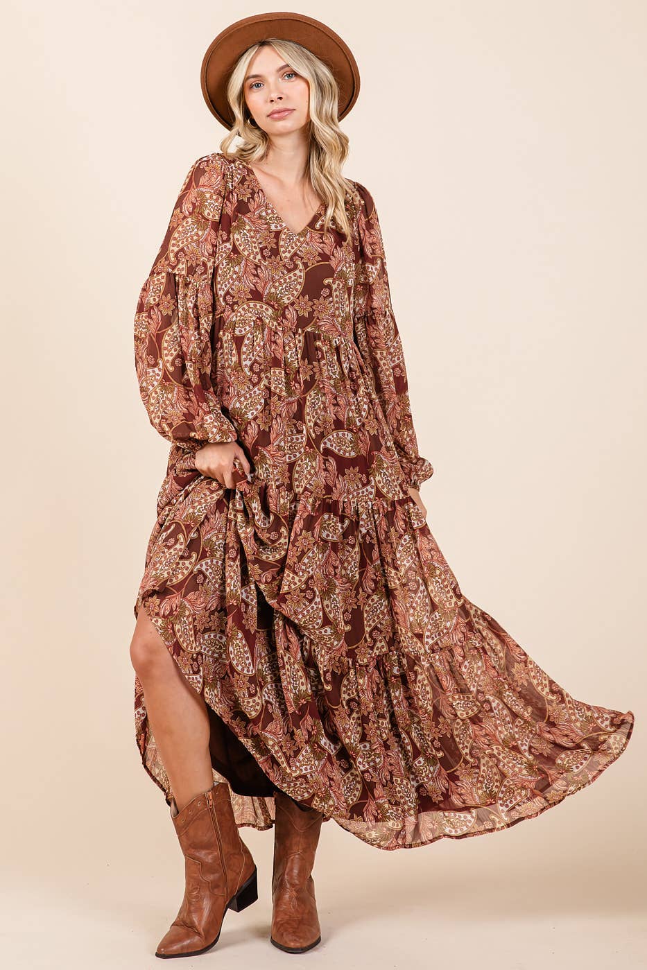 BOHO PAISLEY PRINT LONG SLEEVE TIER MAXI DRESS