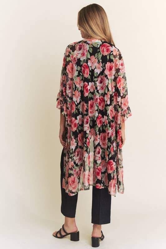 3/4 SLEEVE OVERSIZED LONG BODY FLORAL MESH KIMONO