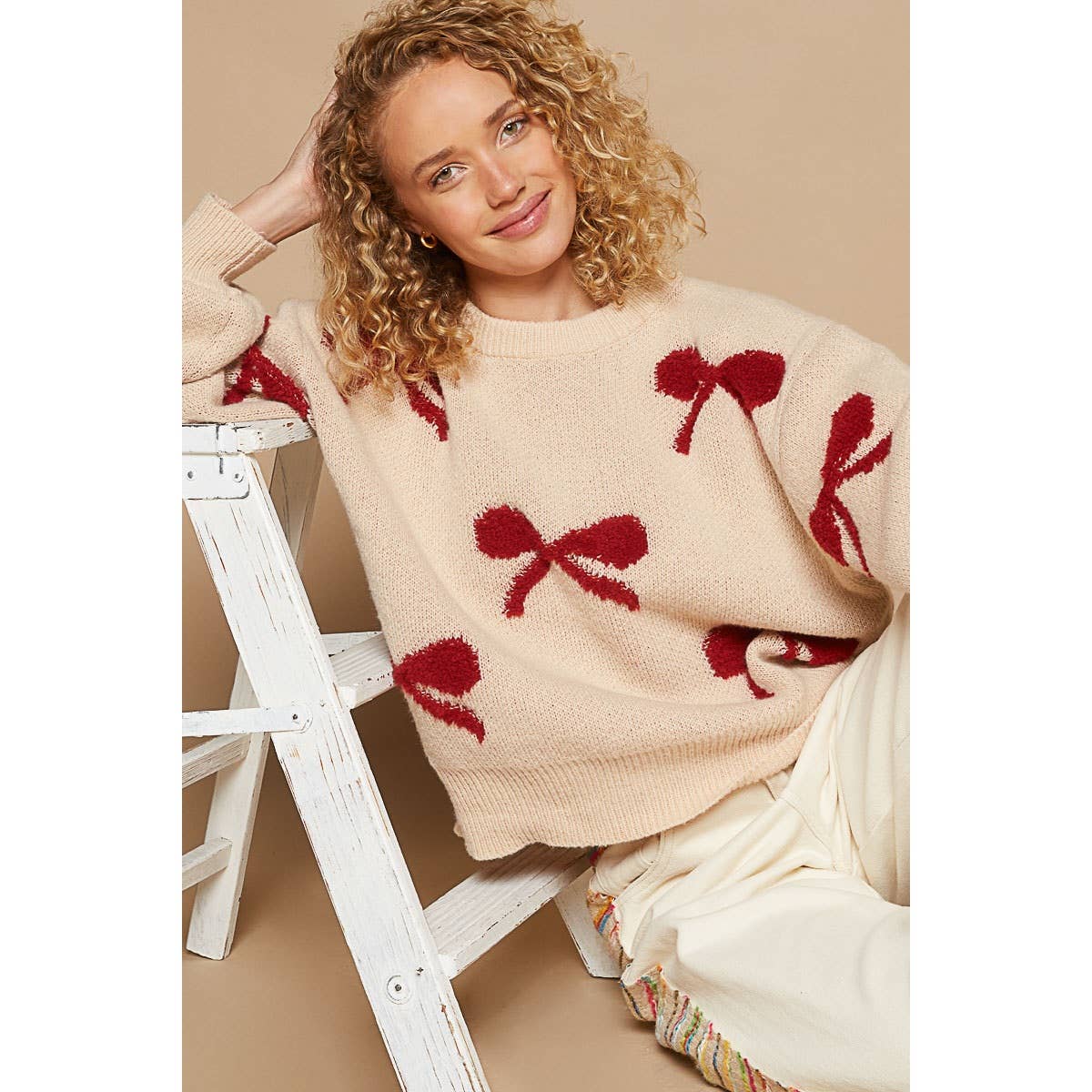 Round neck balloon sleeve ribbon pattern sweater