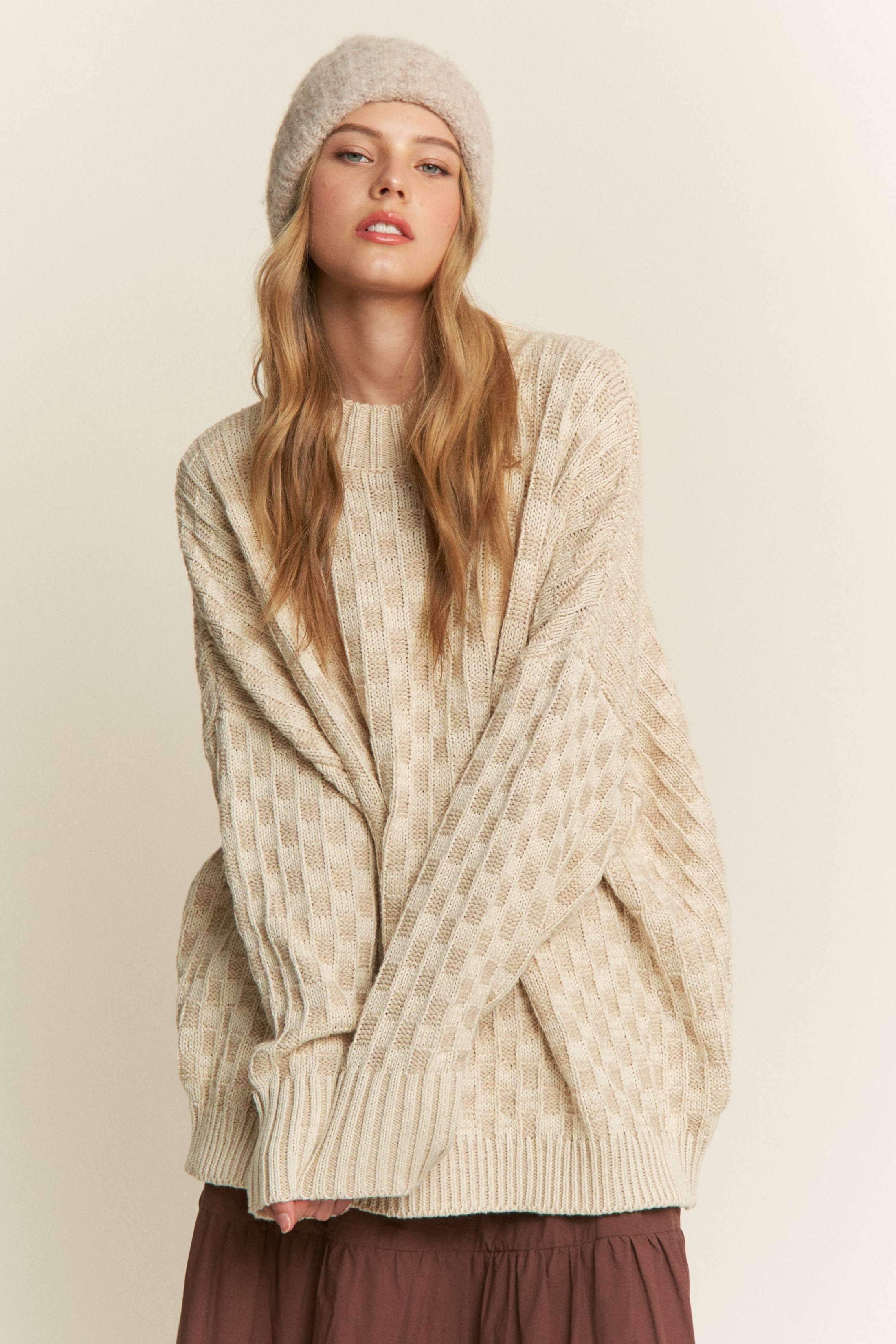 Cleo Oversized Mock Neck Checkered Sweater