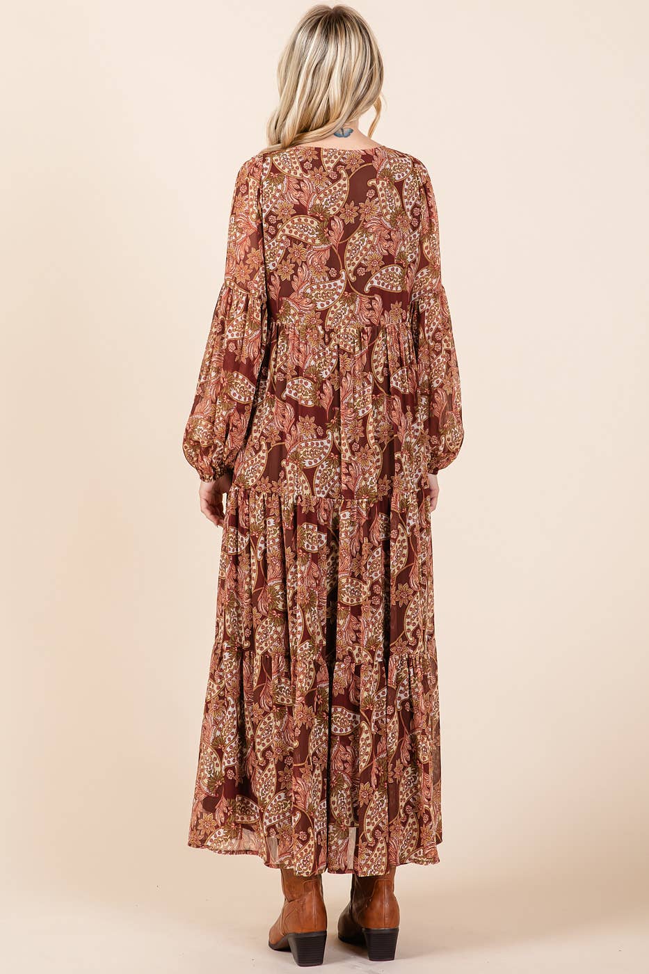 BOHO PAISLEY PRINT LONG SLEEVE TIER MAXI DRESS