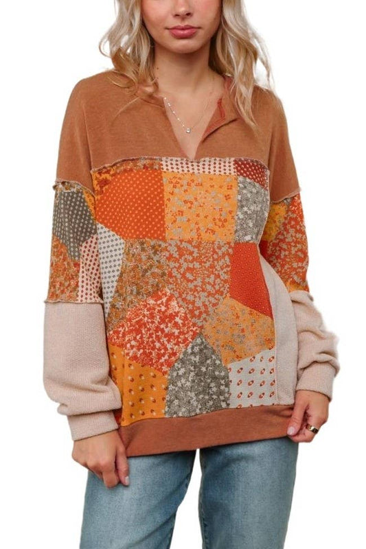 French Terry Knit Top W/plaid Patchwork Print