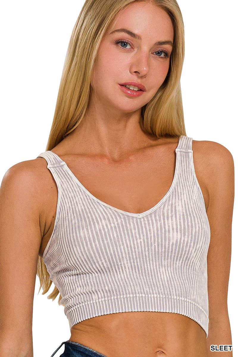 Washed Ribbed Cropped V-neck Tank Top