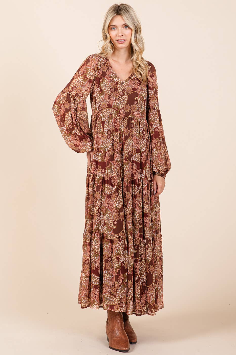 BOHO PAISLEY PRINT LONG SLEEVE TIER MAXI DRESS