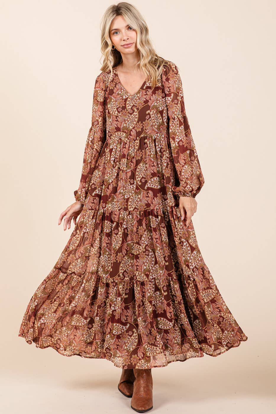 BOHO PAISLEY PRINT LONG SLEEVE TIER MAXI DRESS