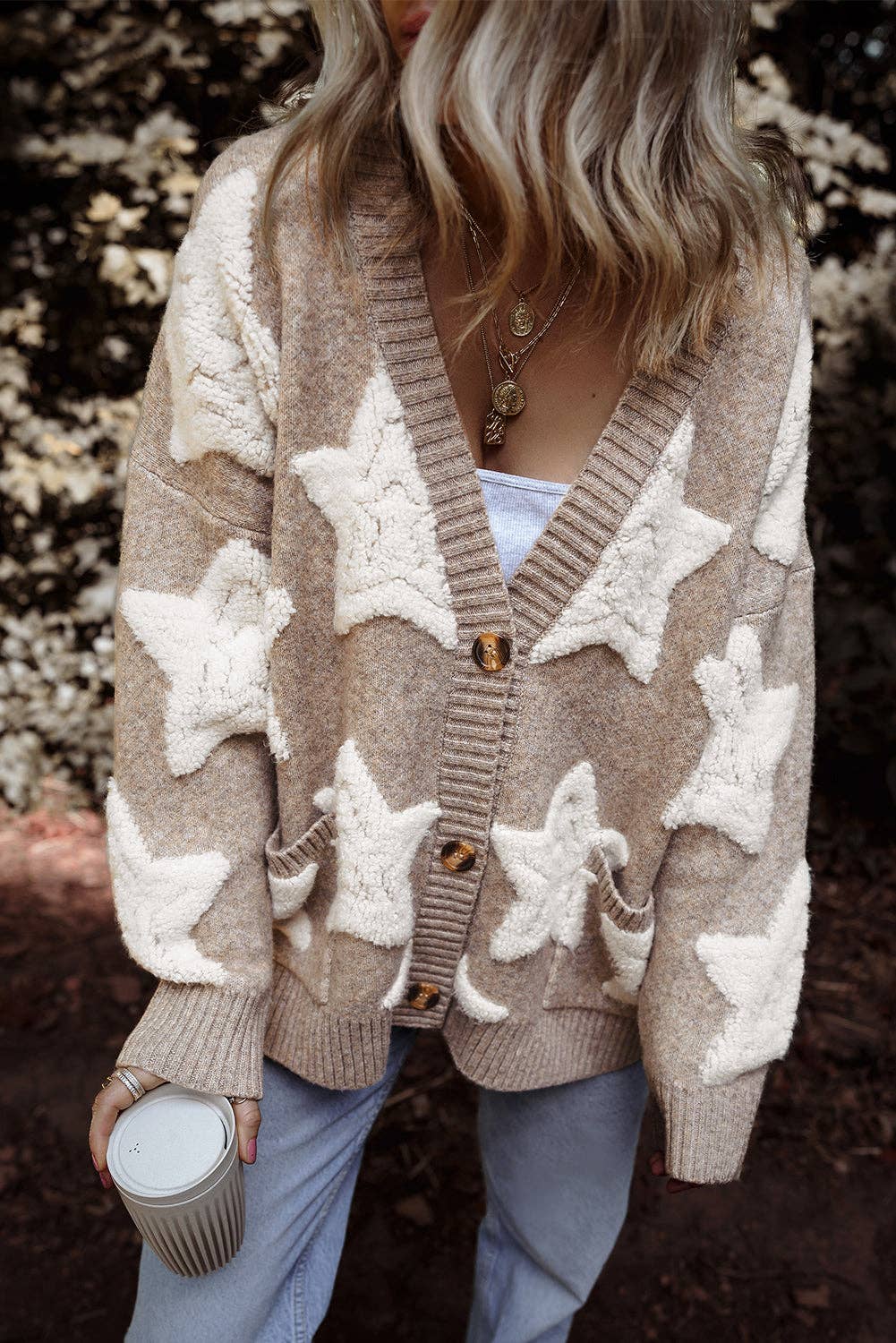 Star Pattern Textured Sweater Cardigan with Pockets