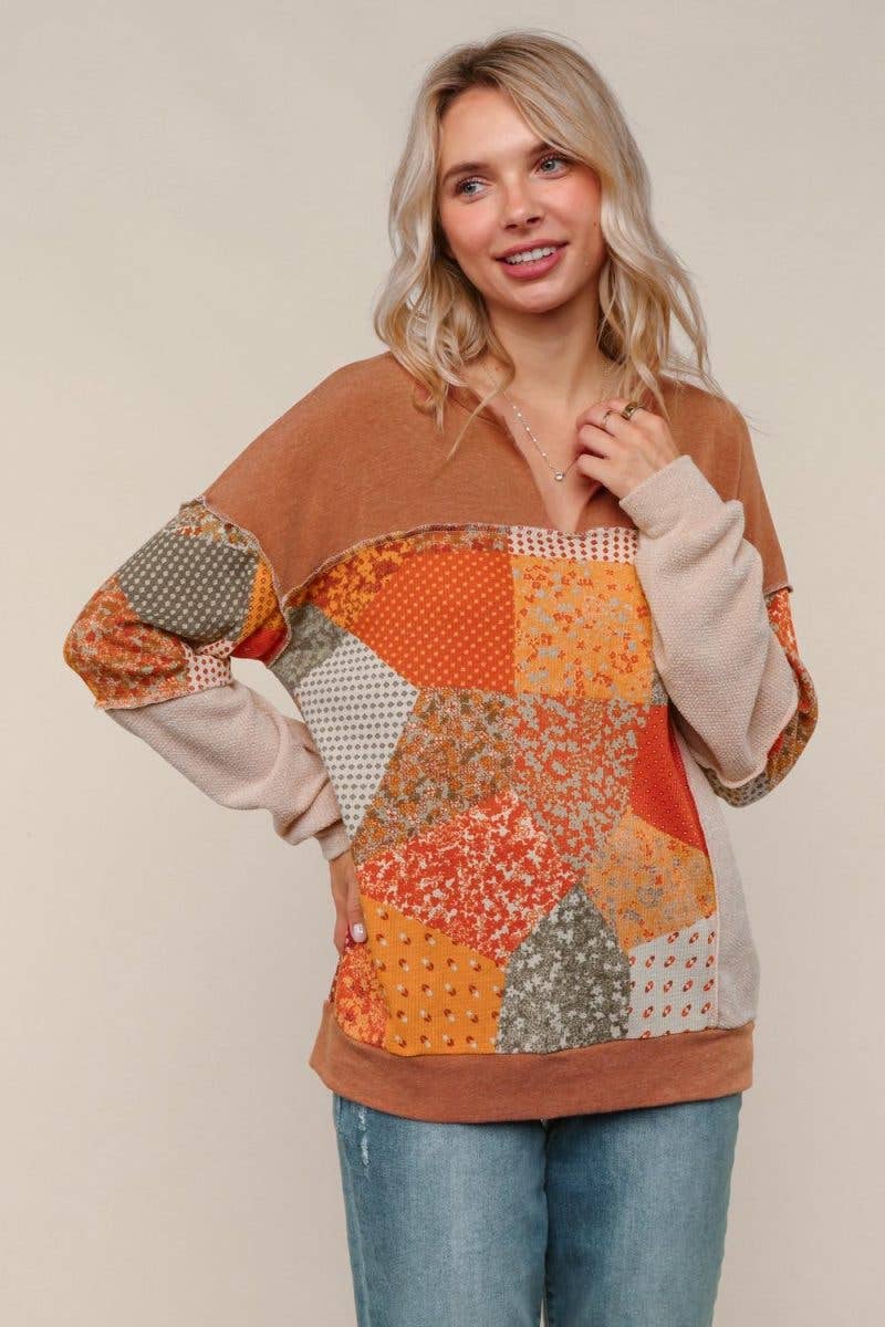French Terry Knit Top W/plaid Patchwork Print