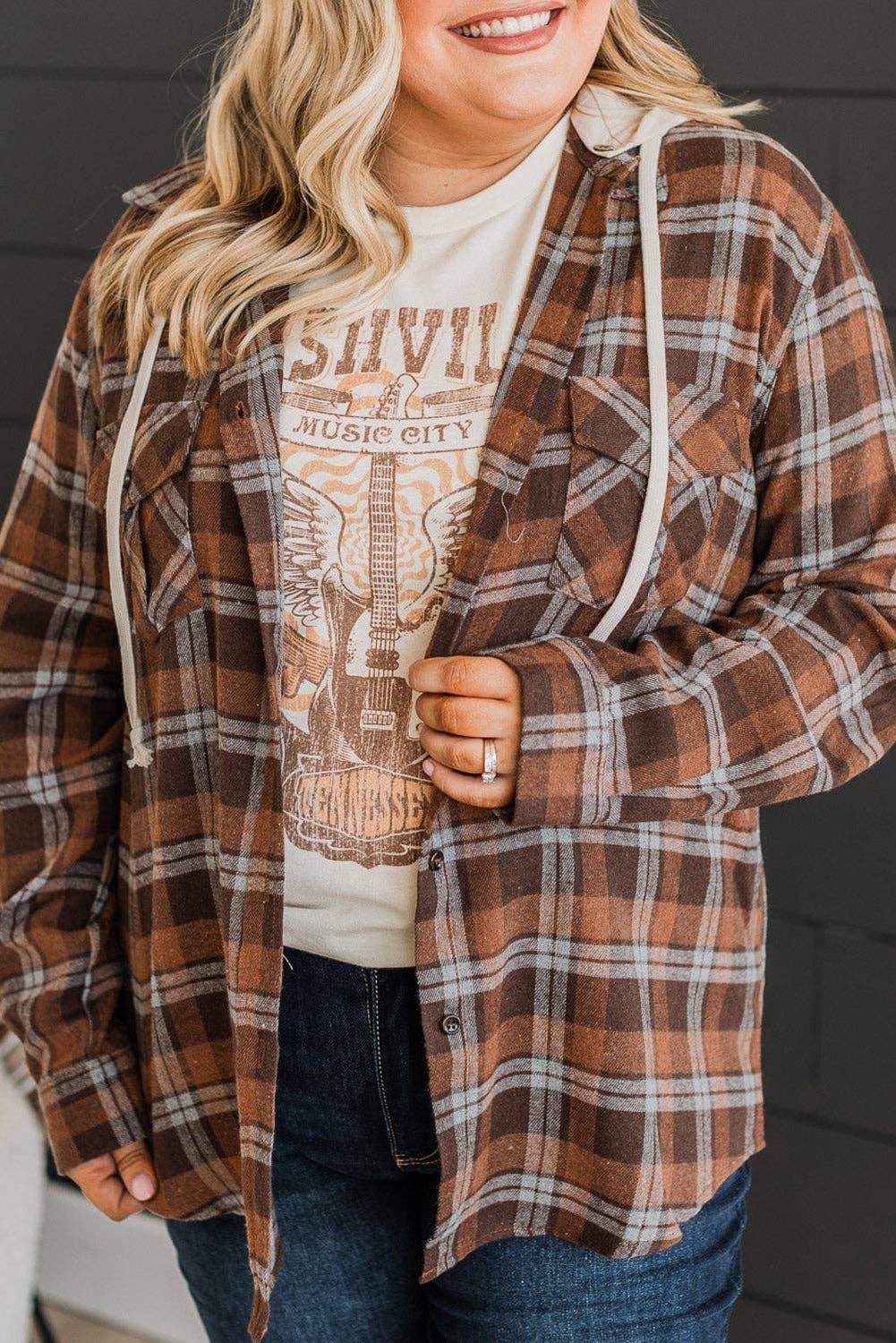 Plaid Contrast Hooded Jacket Plus Size