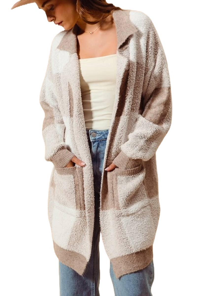 Soft Touch Faux Hairy Checkered Cardigan