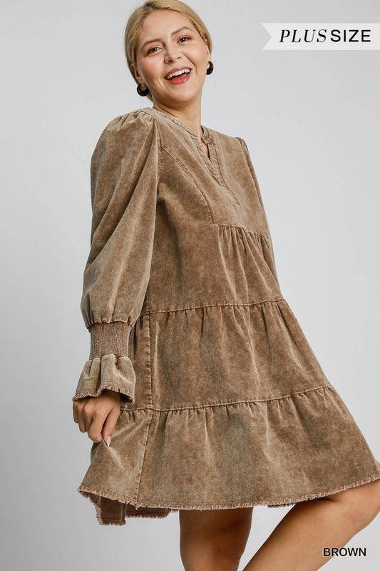 Plus Stone Washed Corduroy Tiered Dress