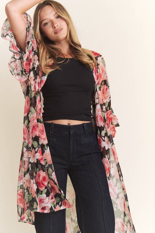 3/4 SLEEVE OVERSIZED LONG BODY FLORAL MESH KIMONO