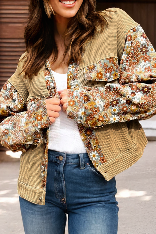 Waffle Knit Floral Print Patchwork Button up Jacket