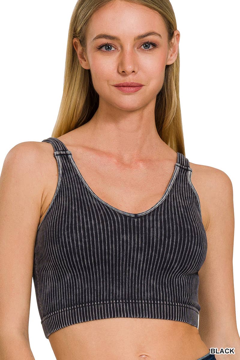 Washed Ribbed Cropped V-neck Tank Top