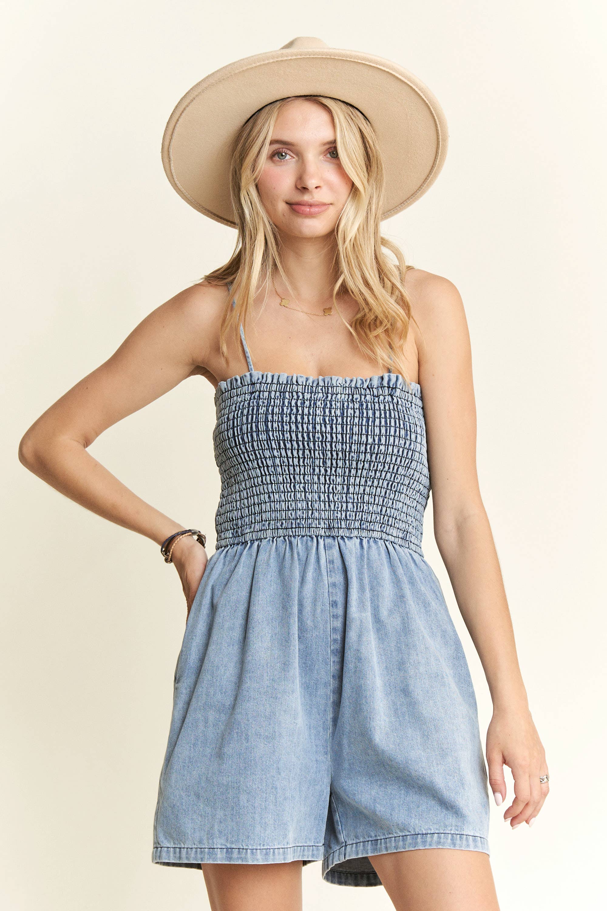 SMOCKING TOP DENIM ROMPER