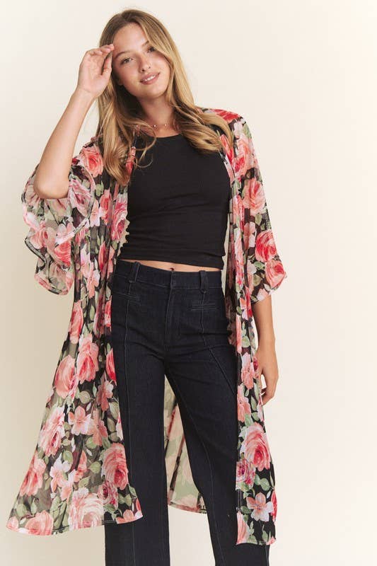 3/4 SLEEVE OVERSIZED LONG BODY FLORAL MESH KIMONO