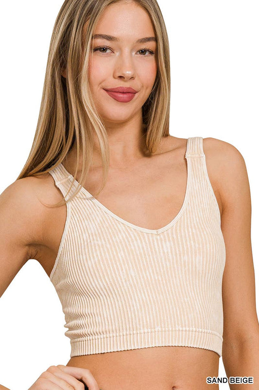 Washed Ribbed Cropped V-neck Tank Top