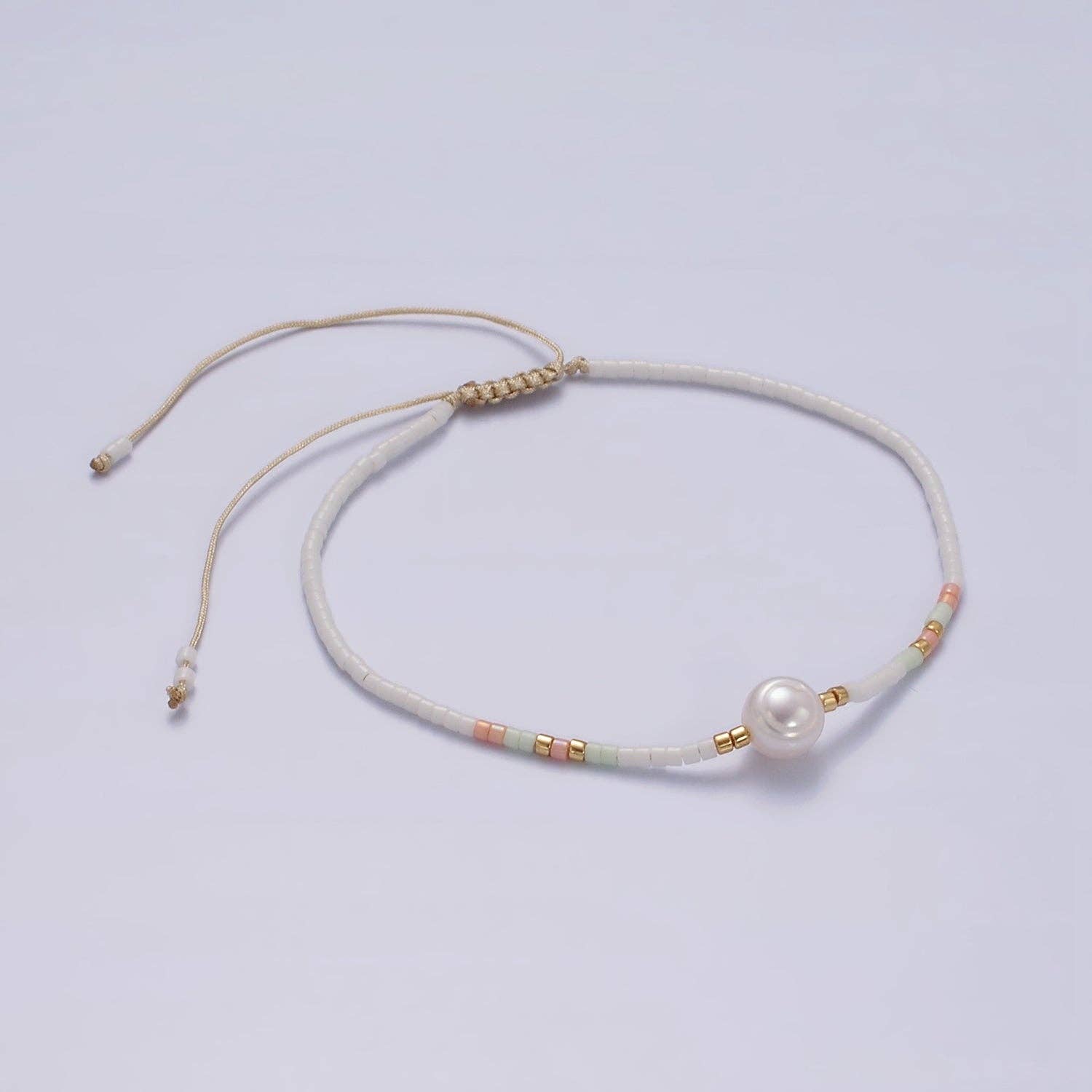 Dainty Shell Pearl Cord Bracelet with White Pink Gold Cylinder Beaded Adjustable Bracelet