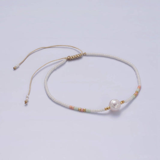 Dainty Shell Pearl Cord Bracelet with White Pink Gold Cylinder Beaded Adjustable Bracelet