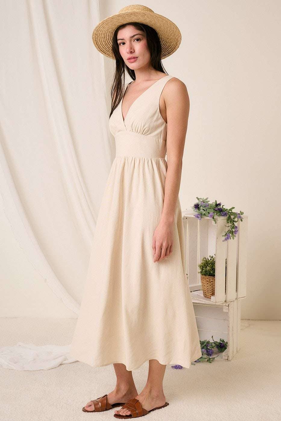 LINEN EMPIRE WAIST SLEEVELESS MIDI DRESS