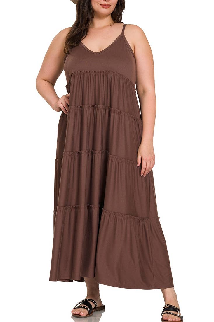 Plus V-neck Cami Maxi Tiered Dress W Side Pockets