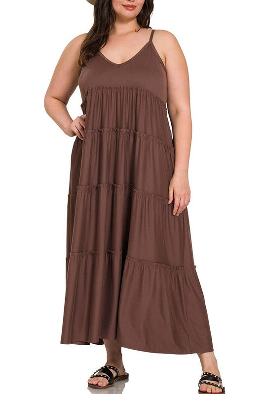 Plus V-neck Cami Maxi Tiered Dress W Side Pockets