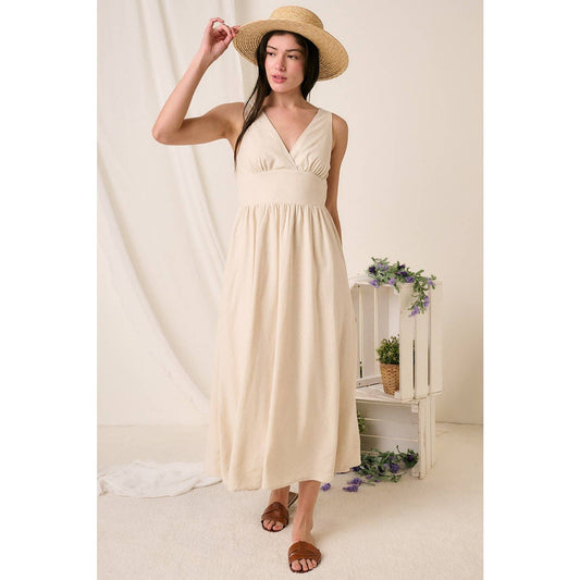 LINEN EMPIRE WAIST SLEEVELESS MIDI DRESS