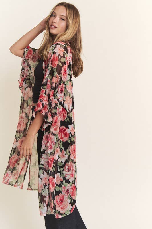 3/4 SLEEVE OVERSIZED LONG BODY FLORAL MESH KIMONO
