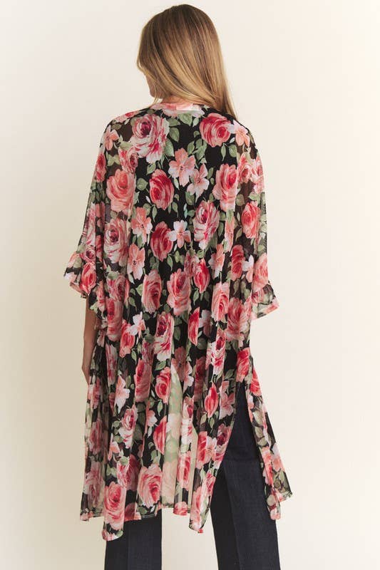 3/4 SLEEVE OVERSIZED LONG BODY FLORAL MESH KIMONO