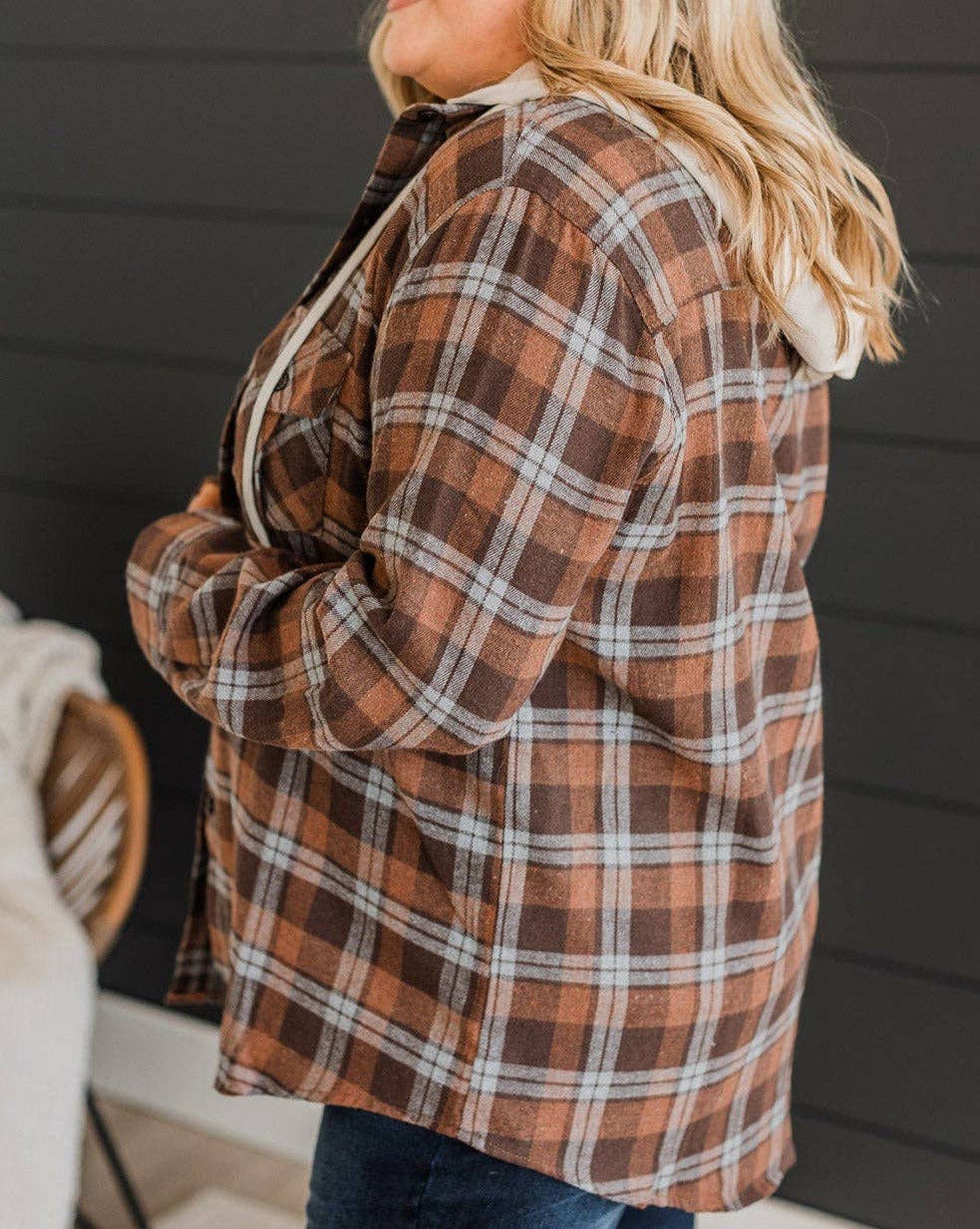 Plaid Contrast Hooded Jacket Plus Size