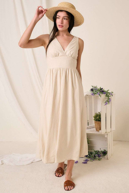 LINEN EMPIRE WAIST SLEEVELESS MIDI DRESS