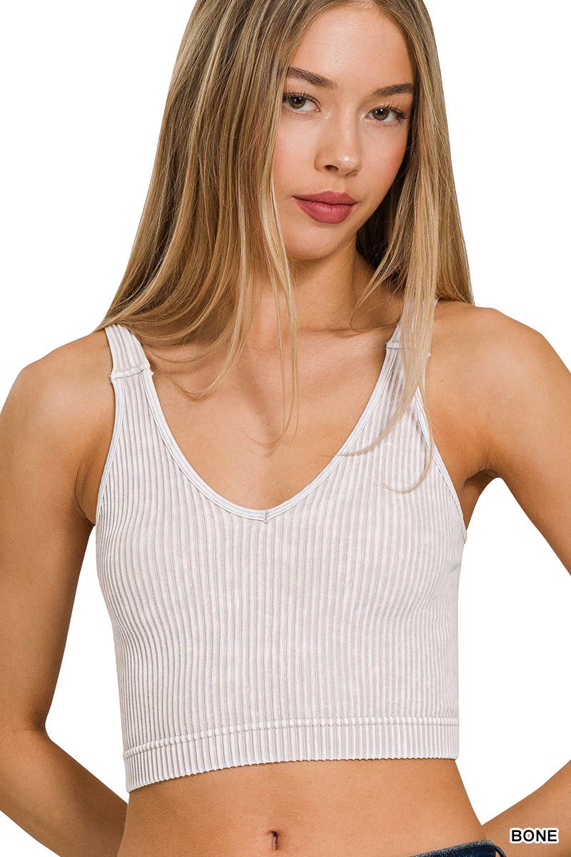 Washed Ribbed Cropped V-neck Tank Top