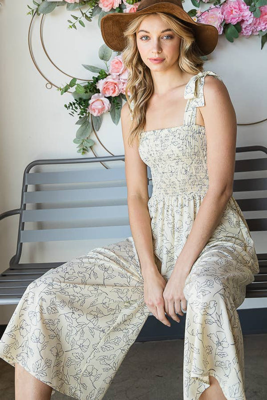 Smocked Bodice Floral Woven Jumpsuit