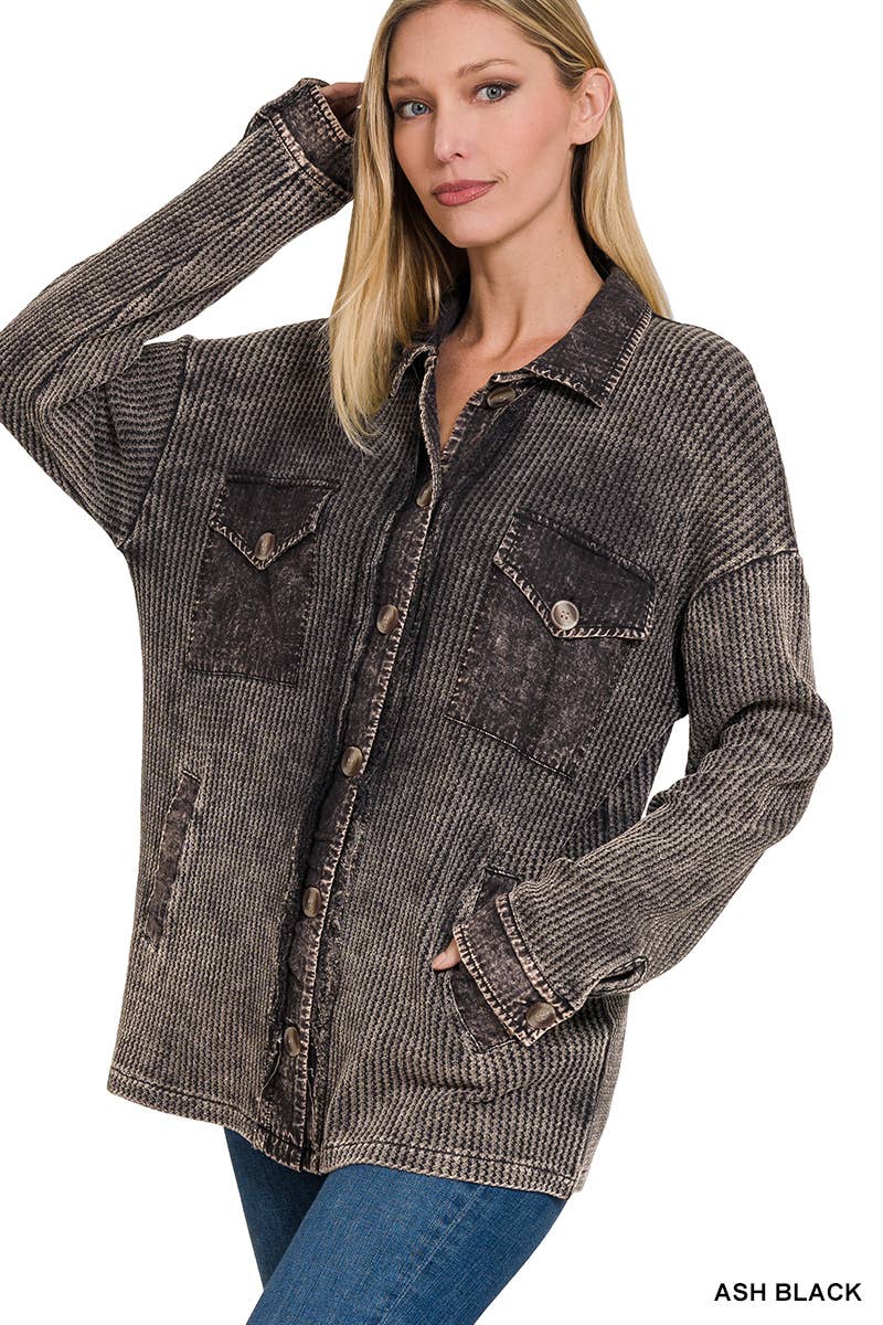 Cotton Waffle Acid Wash Oversized Shacket