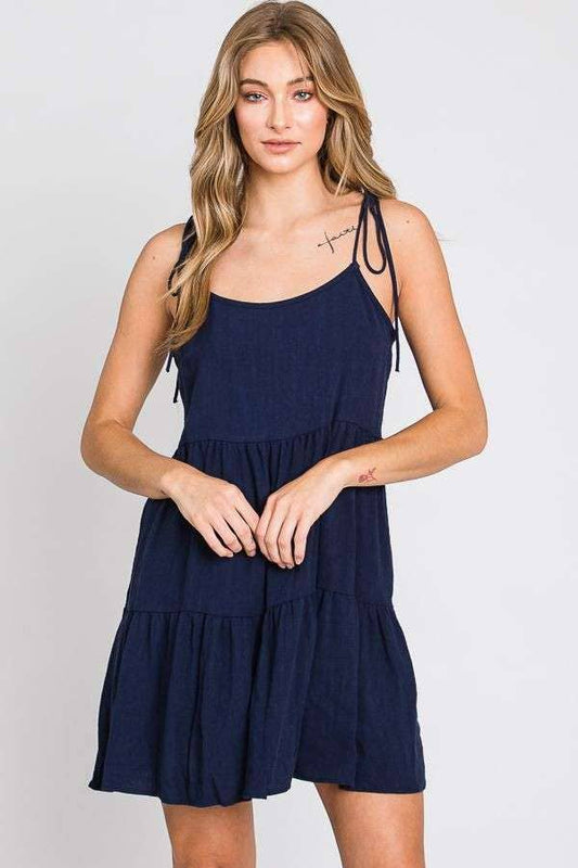 SOLID LINEN BABY DOLL STRAP DRESS