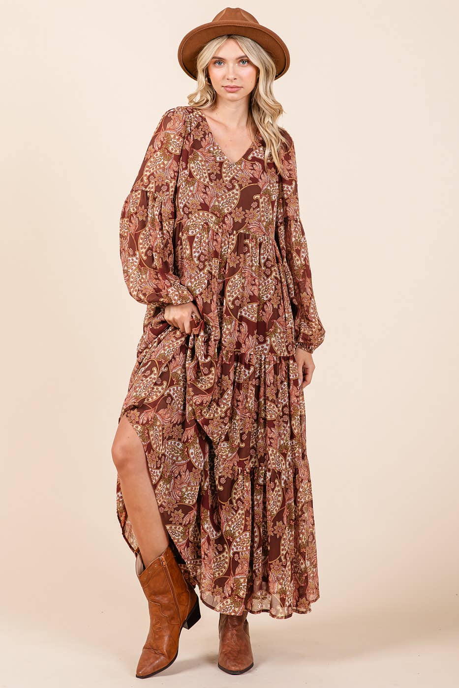 BOHO PAISLEY PRINT LONG SLEEVE TIER MAXI DRESS