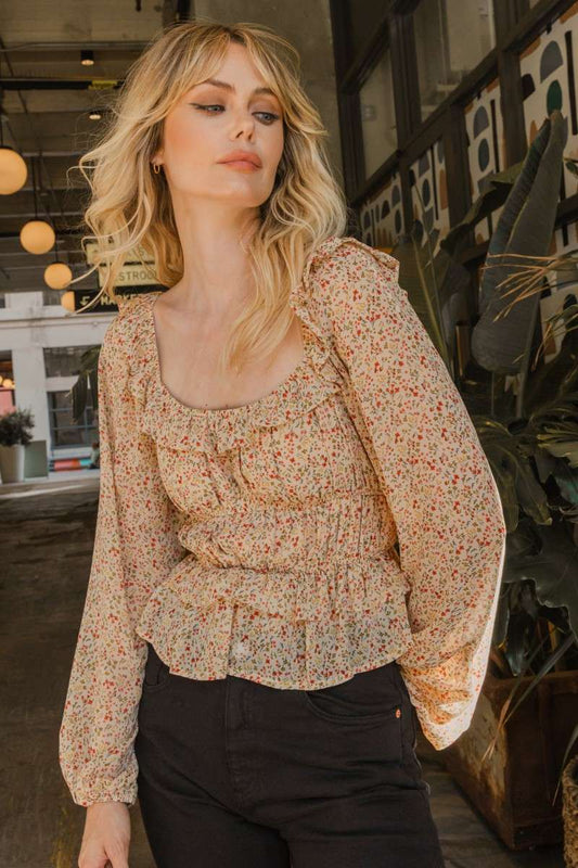 FLOWER PRINT SQUARE NECK PEPLUM TOP