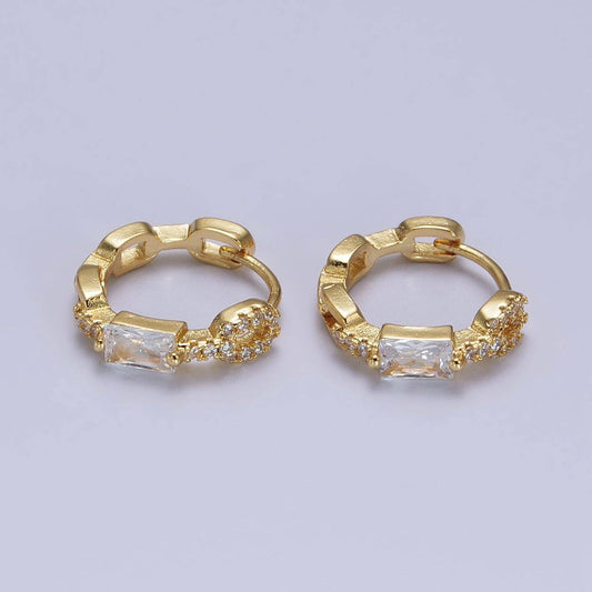 Dainty Gold Huggie Earrings Emerald Cut Cz Diamond Hoops