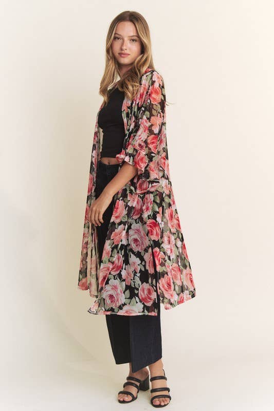3/4 SLEEVE OVERSIZED LONG BODY FLORAL MESH KIMONO
