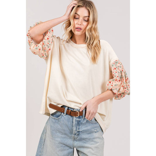 FLORAL BUBBLE SLEEVES OVERSIZE TOP