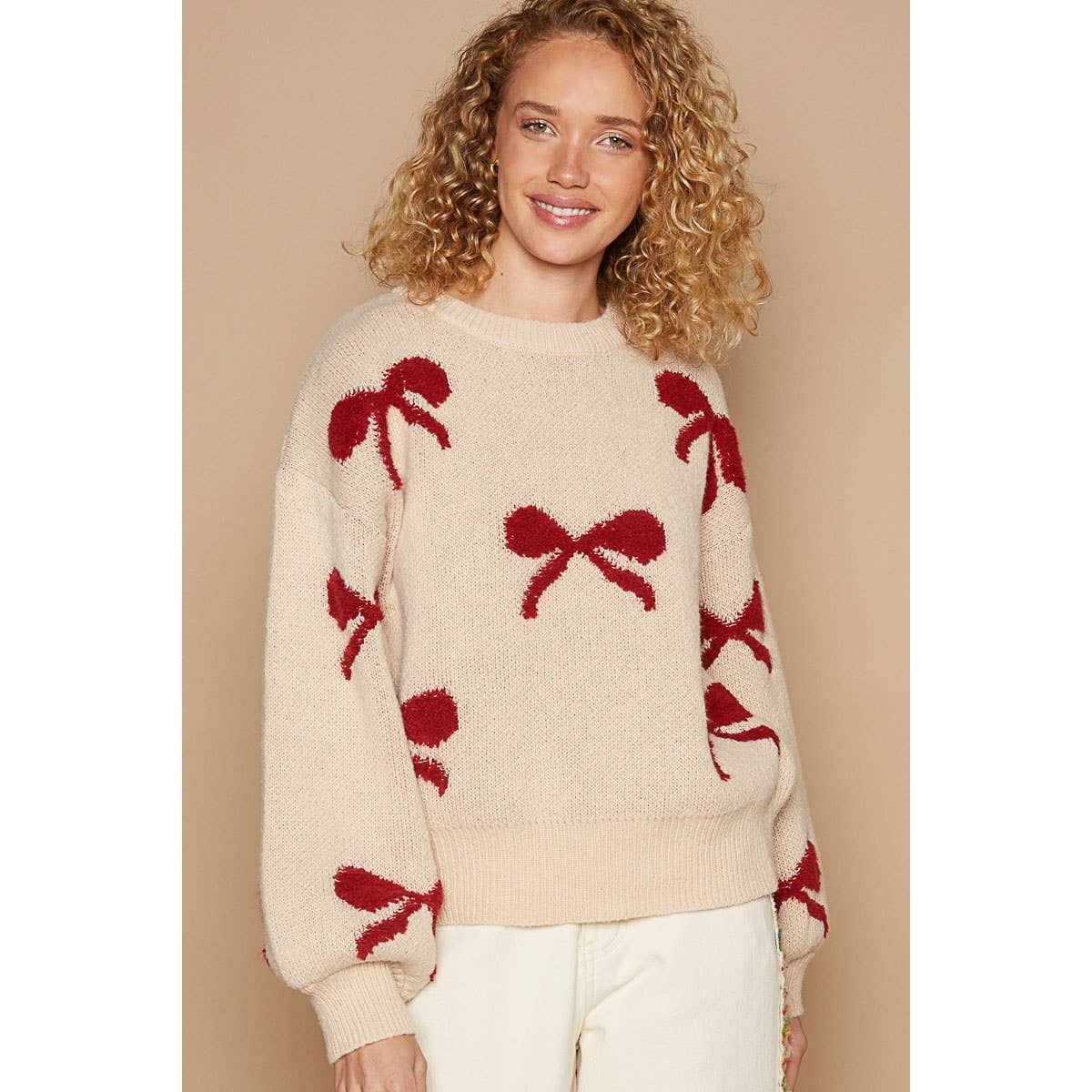 Round neck balloon sleeve ribbon pattern sweater