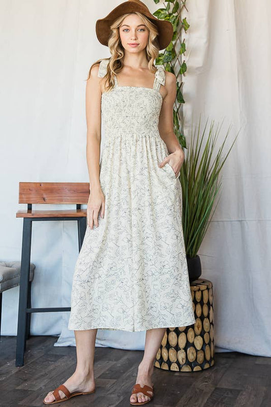 Smocked Bodice Floral Woven Jumpsuit