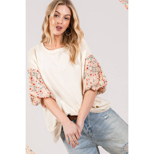 FLORAL BUBBLE SLEEVES OVERSIZE TOP