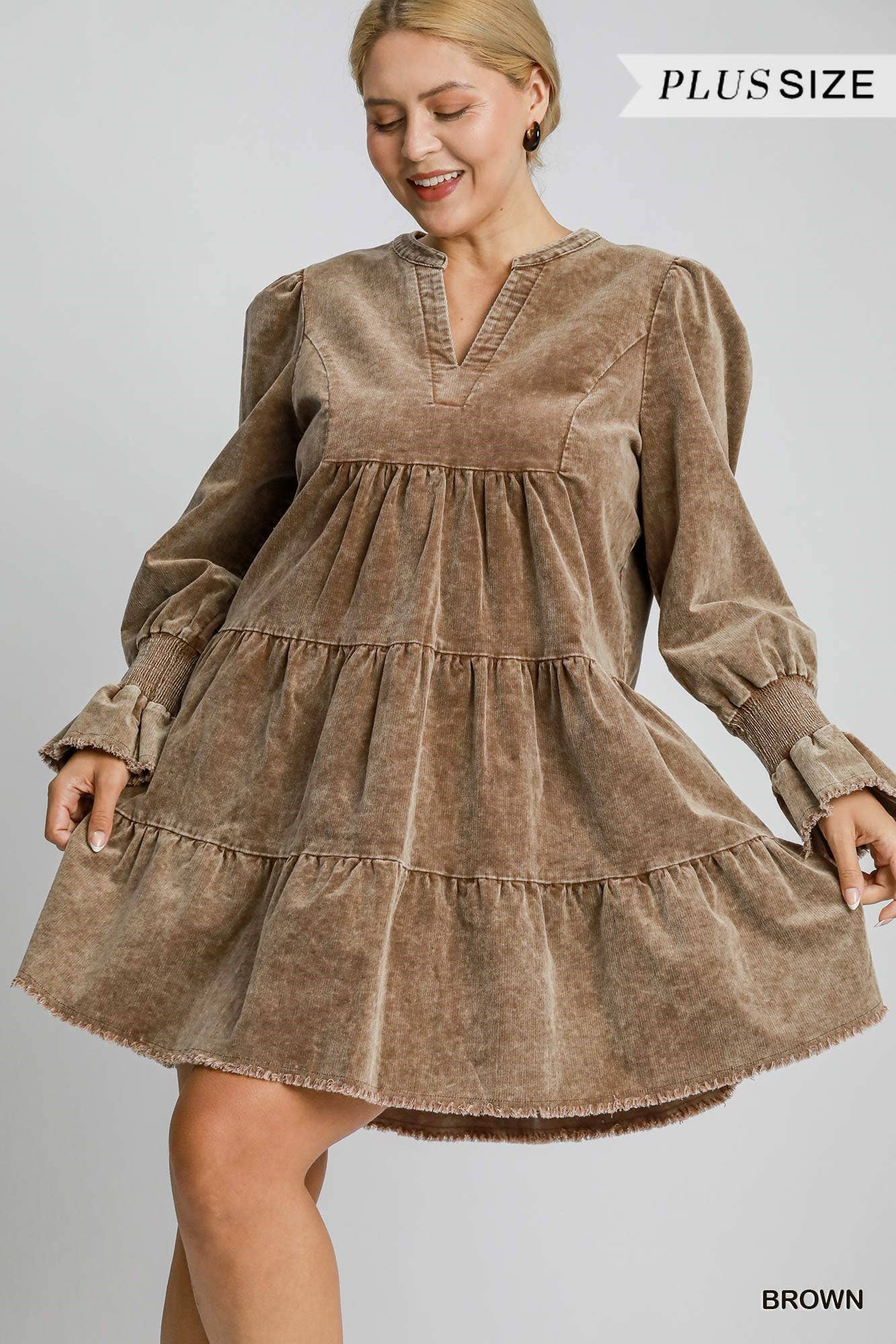 Plus Stone Washed Corduroy Tiered Dress