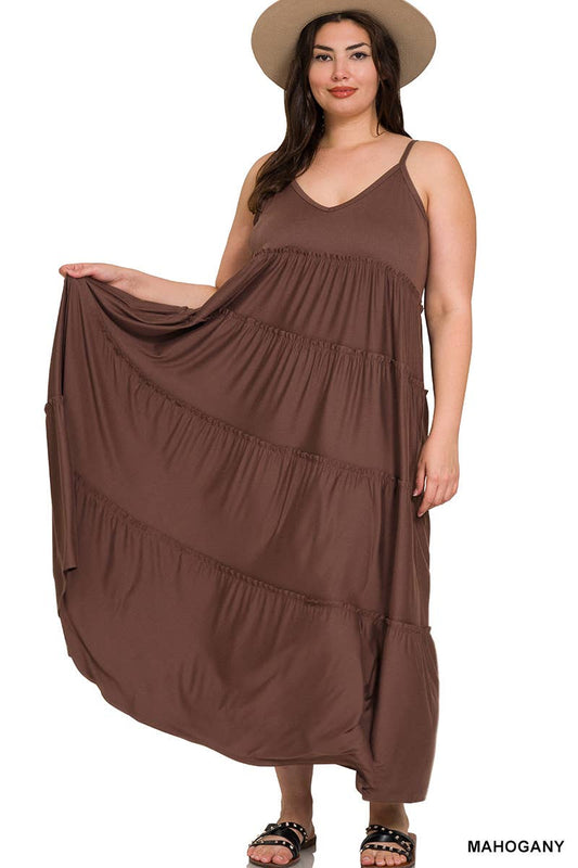 Plus V-neck Cami Maxi Tiered Dress W Side Pockets