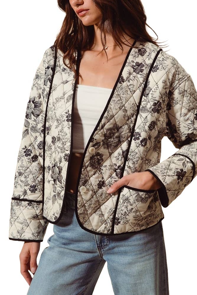 Quilted Floral Woven Jacket With Pockets