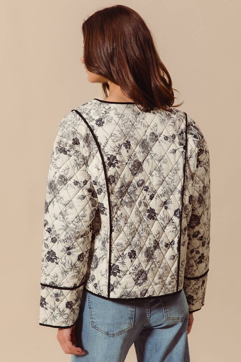 Quilted Floral Woven Jacket With Pockets