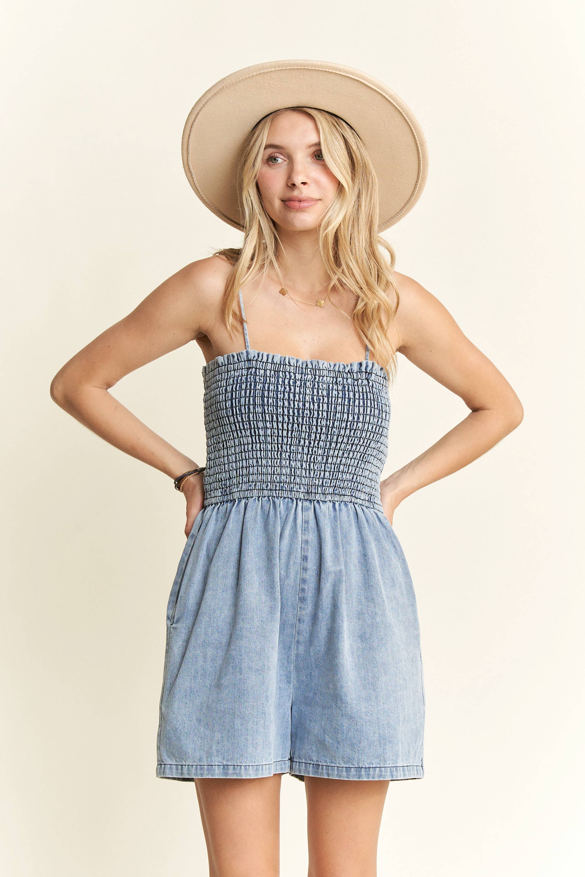 SMOCKING TOP DENIM ROMPER