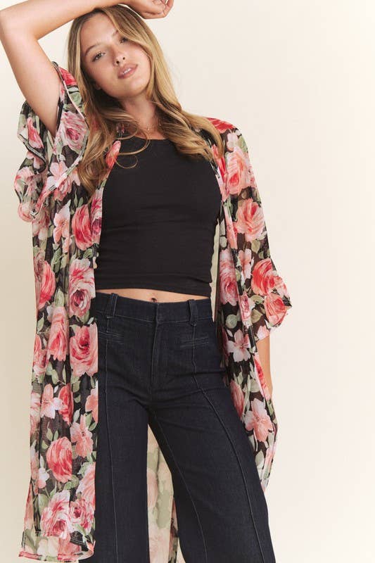 3/4 SLEEVE OVERSIZED LONG BODY FLORAL MESH KIMONO