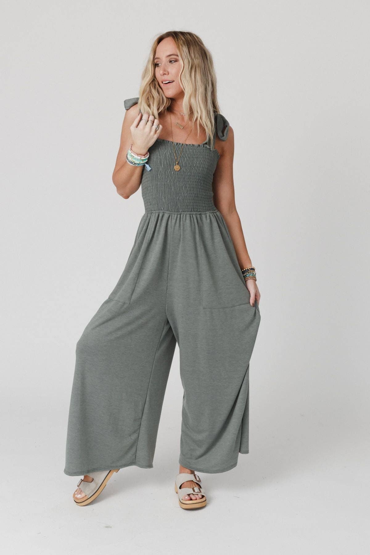 Daytripper Wide Leg Jumpsuit - Light Olive