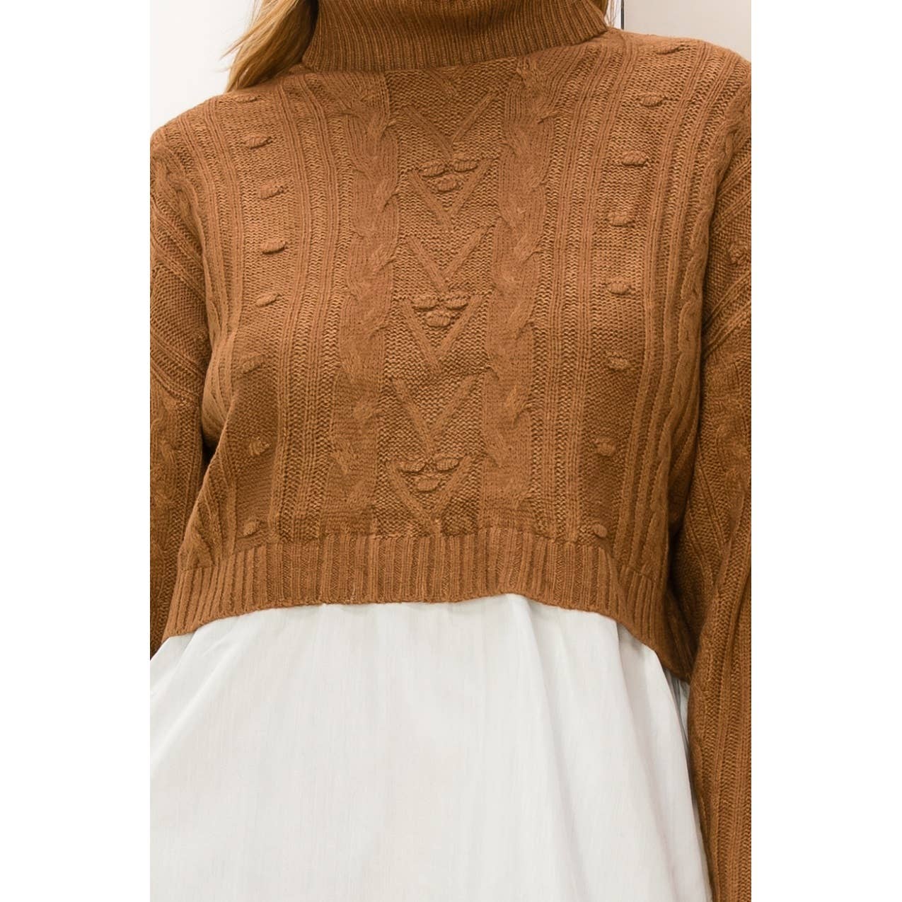 Mixed Media Cable Knit Turtleneck Top